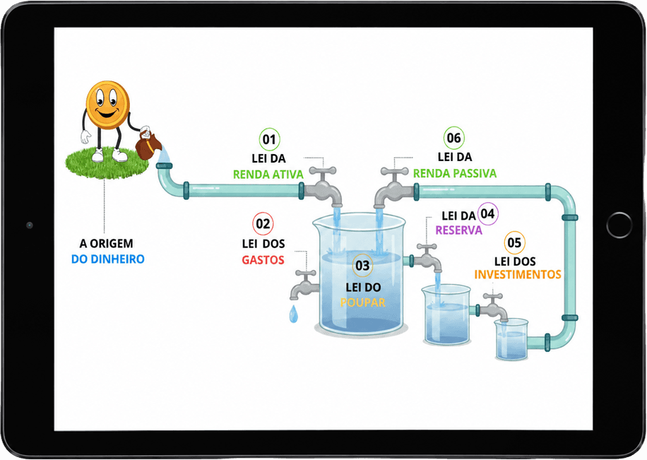 Diagrama das Leis do Dinheiro exibido na tela de um tablet. Uma moeda despeja um saco de dinheiro no cano da renda ativa, que leva ao recipiente do poupar. As saídas mostram gastos, reserva e investimentos, e o circuito retorna como renda passiva.