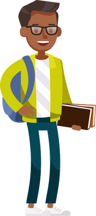 Espertonaldo adolescente, de óculos e mochila, carregando livros.